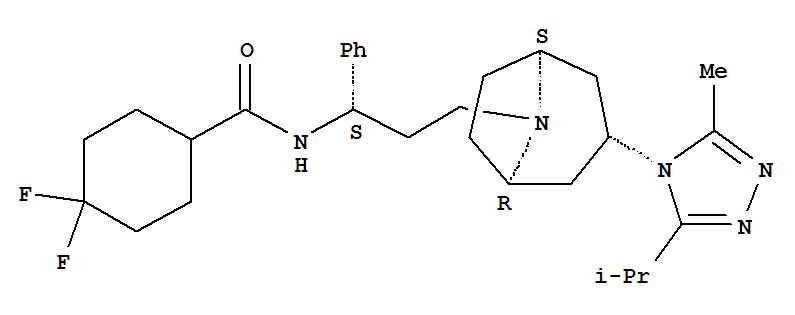 Maraviroc; 4,4-二氟-N-[(1S)-3-[(1R,5S)-3-(3-甲基-5-異丙基-1,2,4-三唑-4-基)-8-氮雜雙環(huán)[3.2.1]辛烷-8-基]-1-苯基丙基]環(huán)己烷-1-甲酰胺